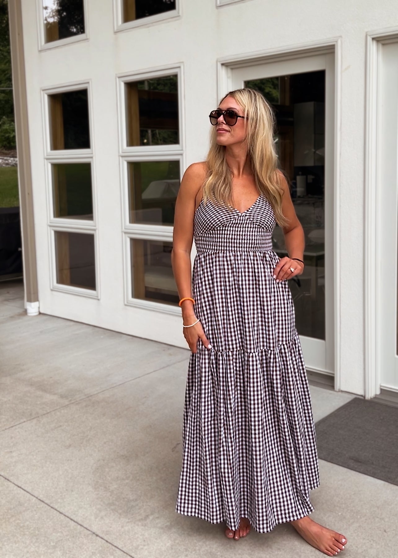 Gingham Print Brown Maxi Dress