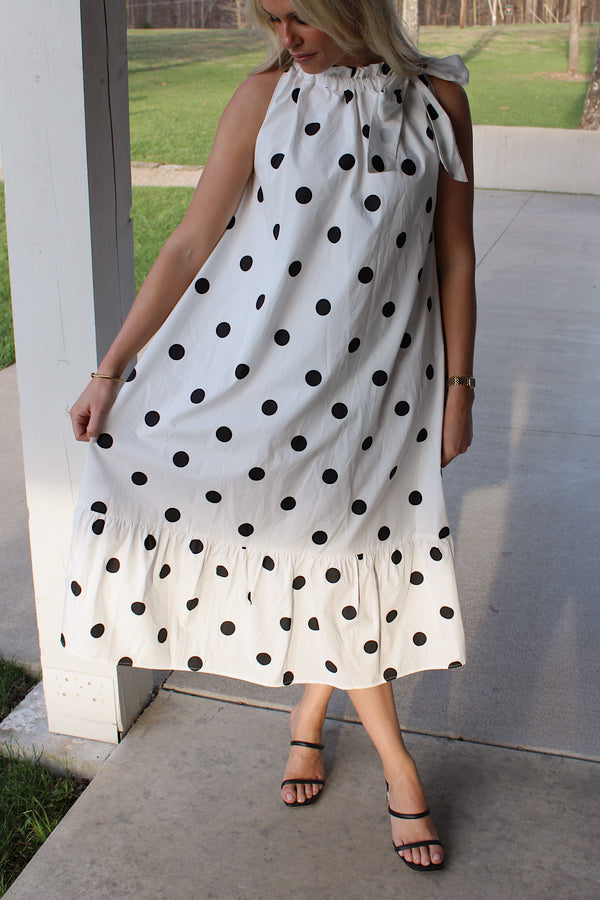 PARK AVENUE - Ruffle Neck Tie Midi Dress