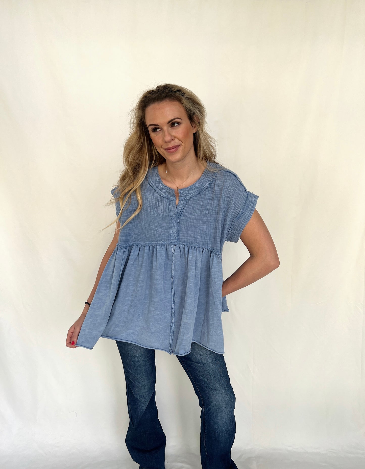 Baby It’s Cold Outside - Blue Linen Top