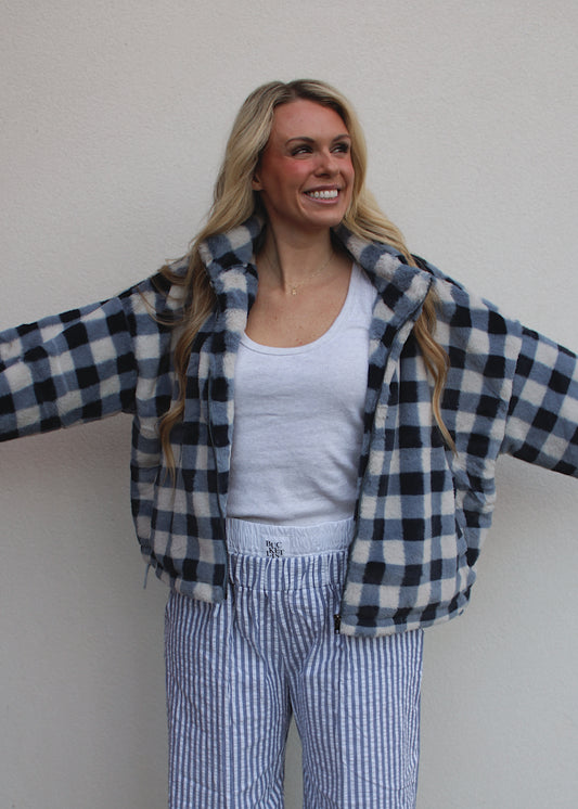 CLOUD 9 - navy plaid sherpa jacket
