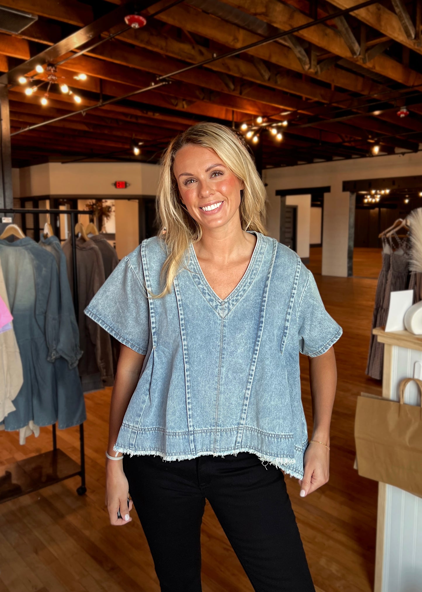 Light Wash V-Neck Denim Top