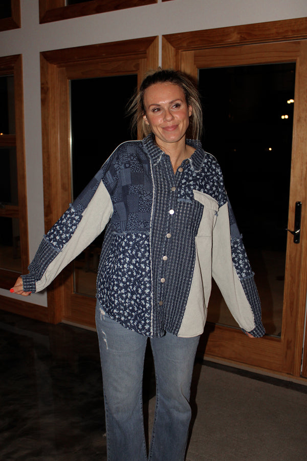 HOLIDAY PATCH -  Patchwork Denim Shacket
