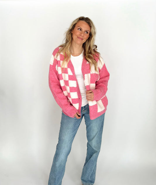 Check Yes or No Pink Checkered Cardigan