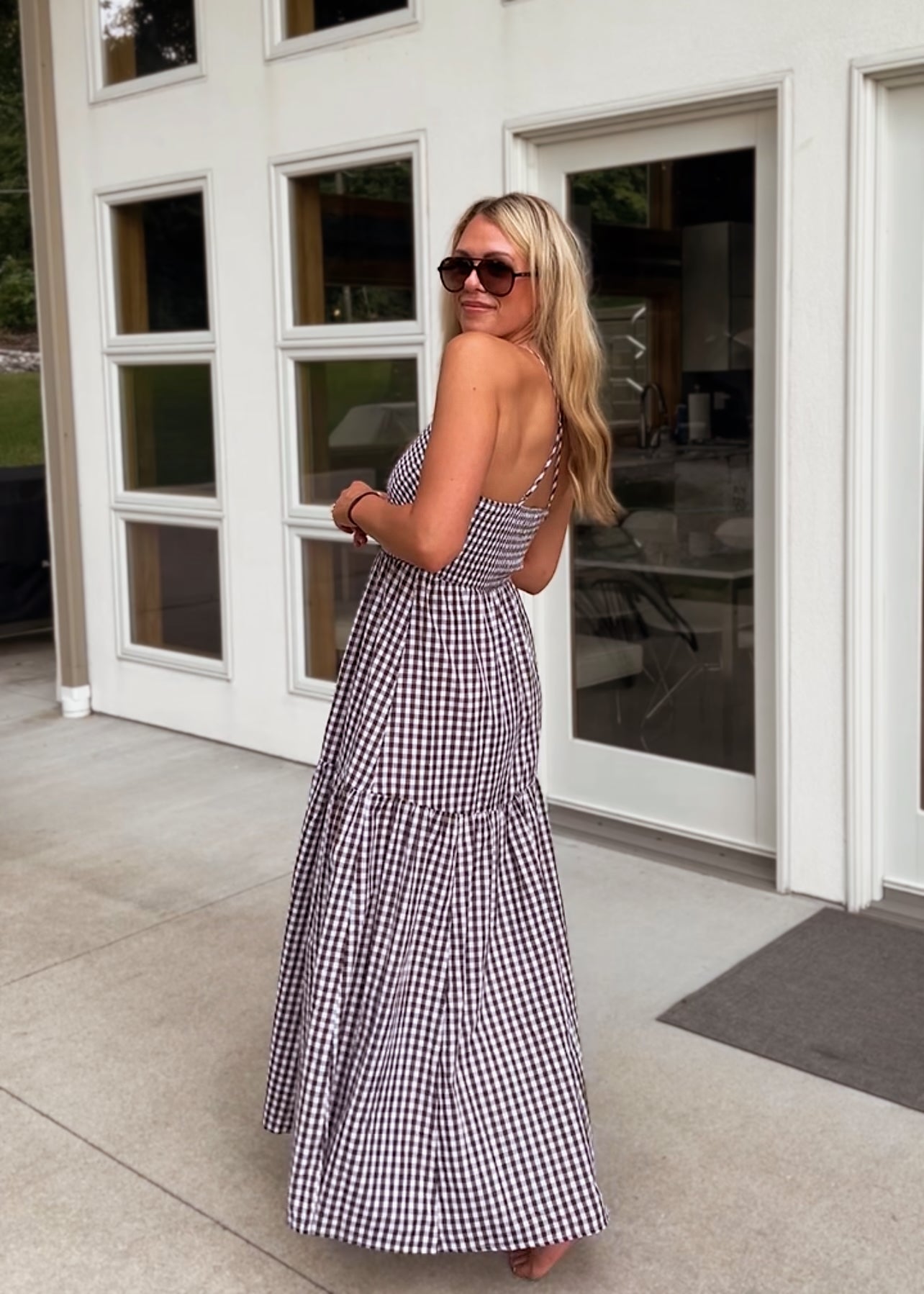 Gingham Print Brown Maxi Dress