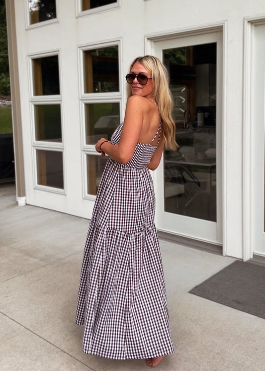 Gingham Print Brown Maxi Dress
