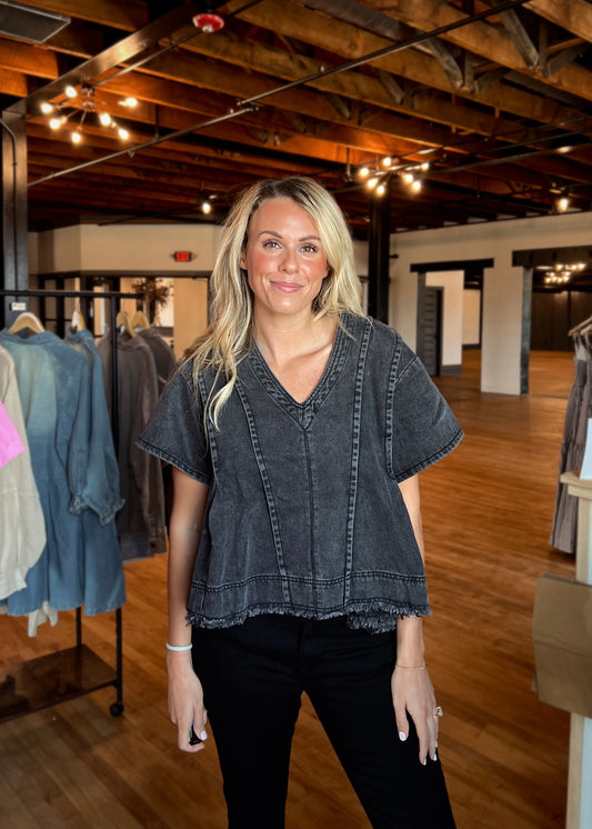 Black Wash V-Neck Denim Top