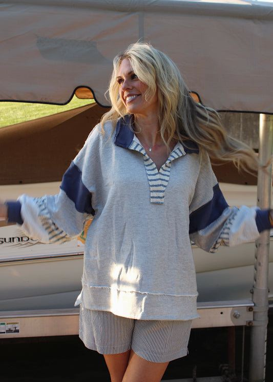 DOCKSIDE - Gray/Navy Oversized Pullover