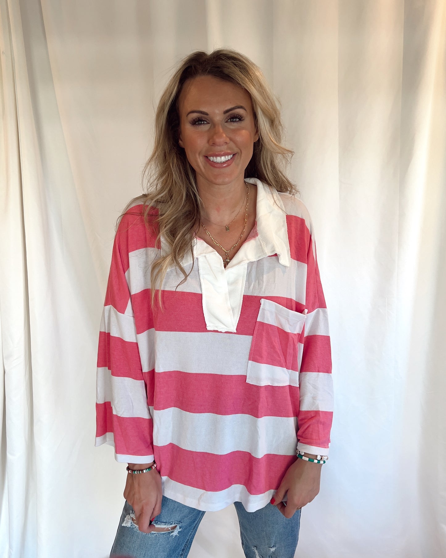 Strawberry Cream - BUCKETLIST Stripe Collared Pullover