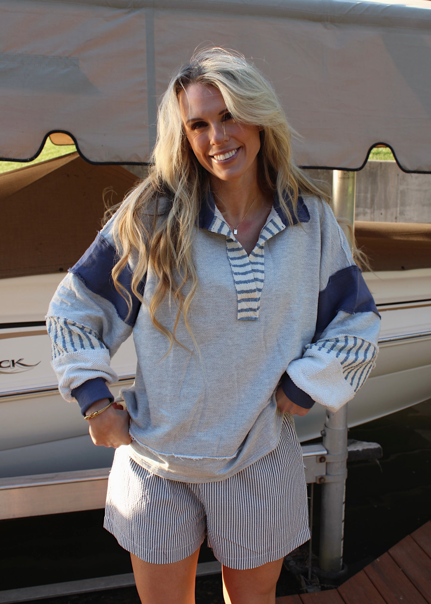 DOCKSIDE - Gray/Navy Oversized Pullover
